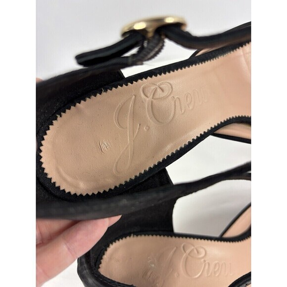 J Crew Millie Ankle Strap Heels Black Leather Moire 9 Block Heel - Picture 10 of 12